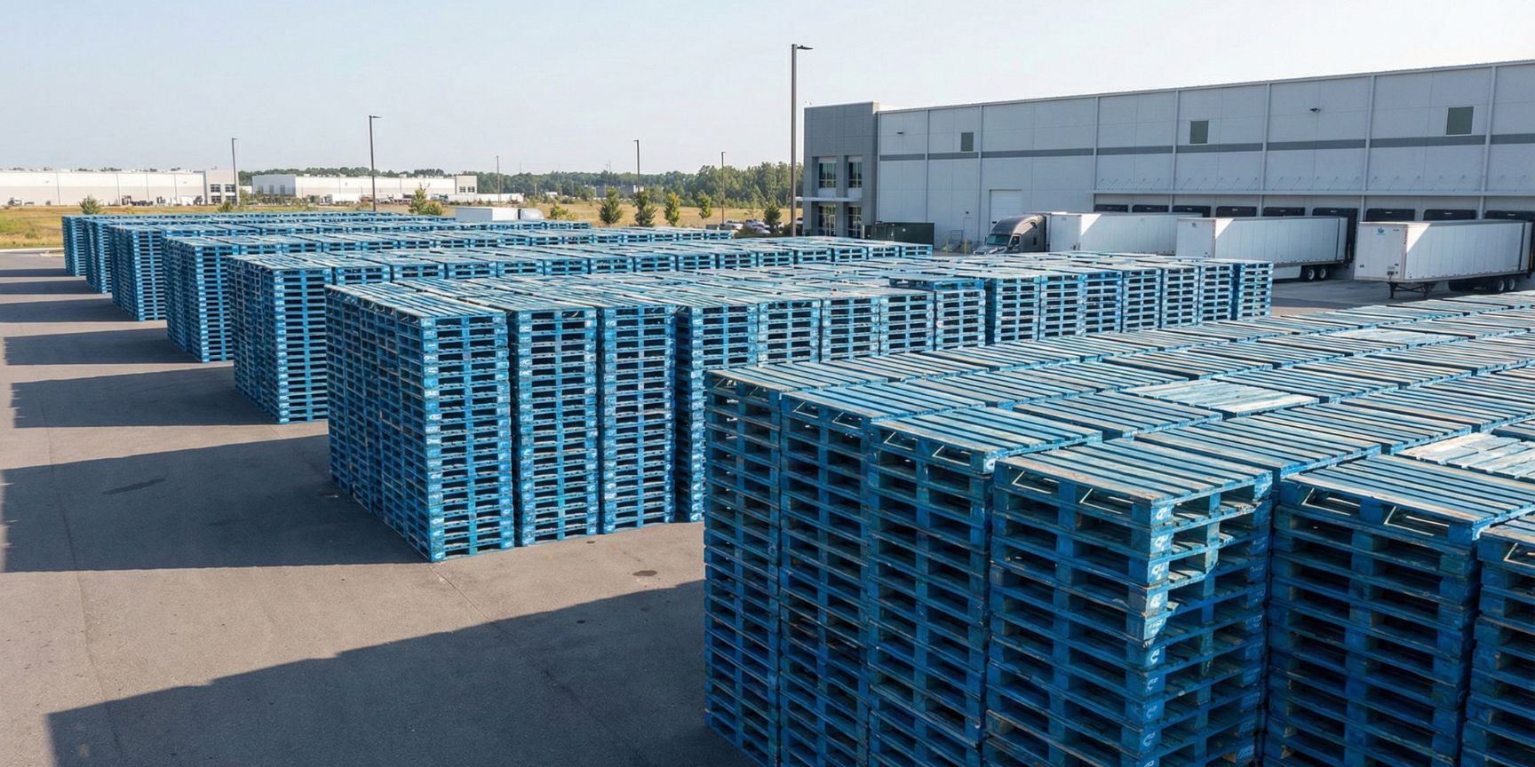 Große Stapel blauer CHEP-Paletten im Außenbereich eines Logistikzentrums, bereit für den Transport im globalen Kreislaufsystem.